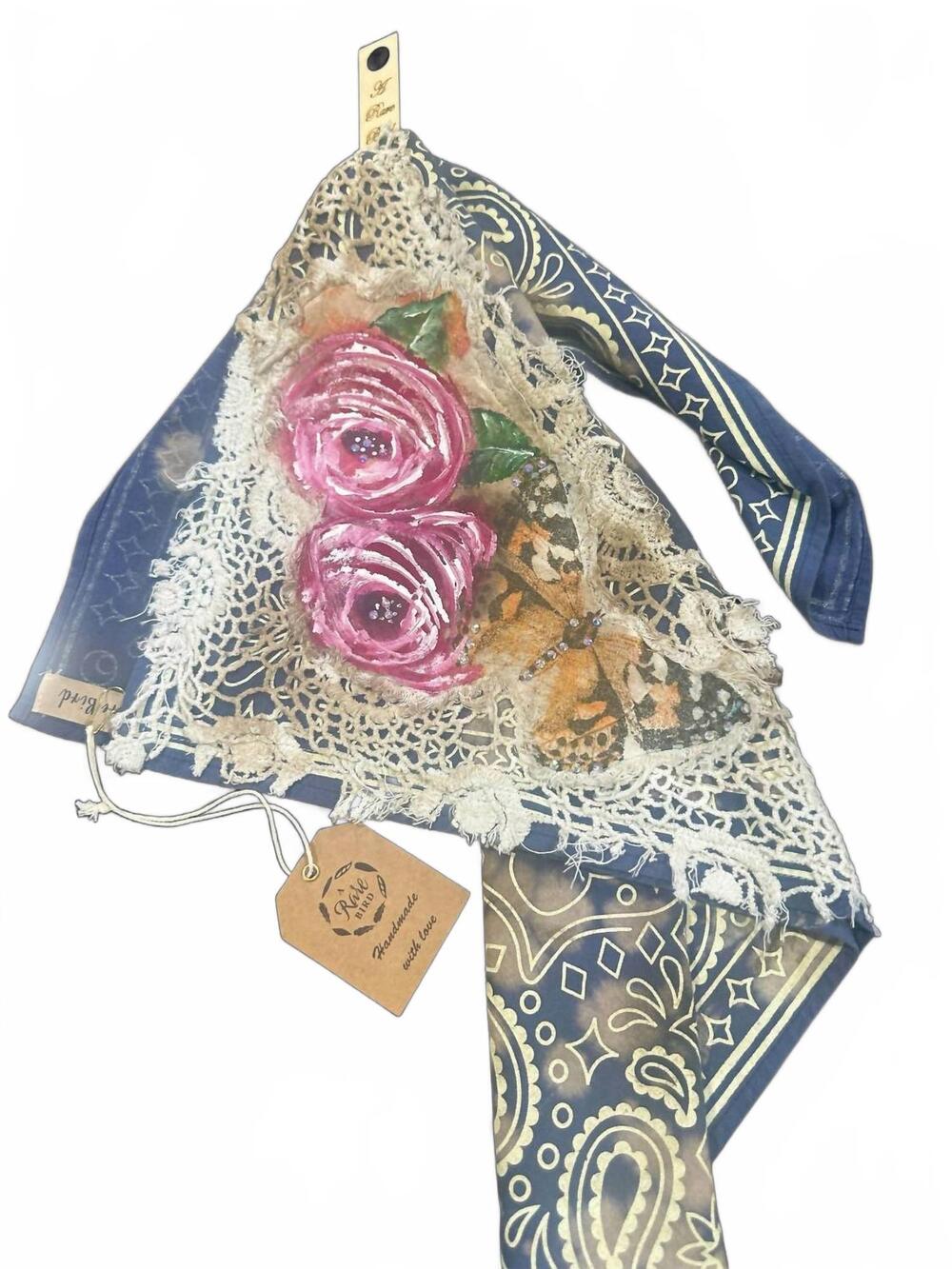 NEW A RARE BIRD women's vintage hand painted bandana in navy